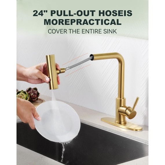 Waterfall Kitchen Sink Faucet with Sprayer: 3 Modes(Waterfall/Stream/Sweep) Pull Down Sprayer - IVIGA Gold Splash Proof Sink Fuacet - Swivel Waterfall Kitchen Faucet for Wash Vegetable Fruit